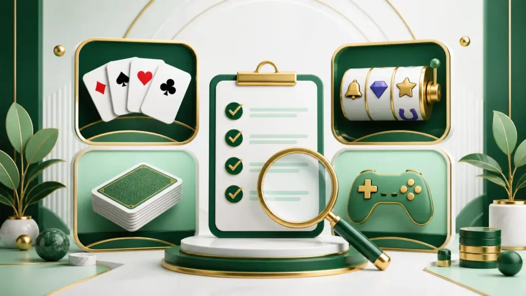 Four game guide categories arranged around a comparison checklist and magnifying glass