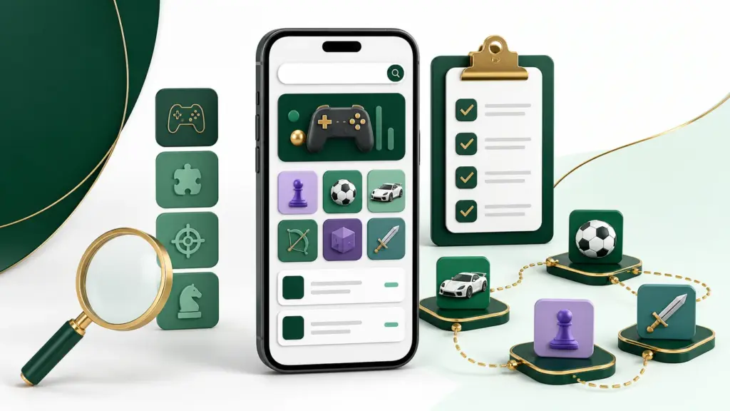 Phone displaying a game guide directory beside search and checklist symbols