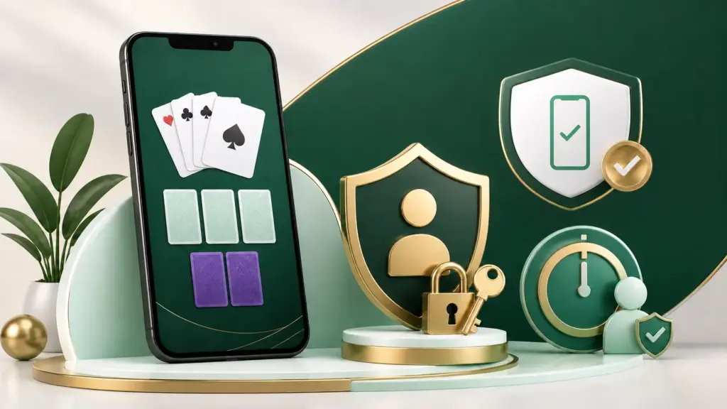Card game phone interface with account shield, lock and session timer