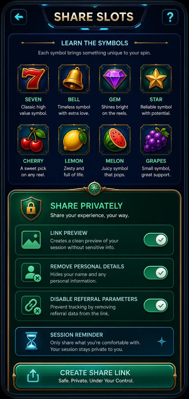 Share Slots illustrative game guide preview; current app interface not verified